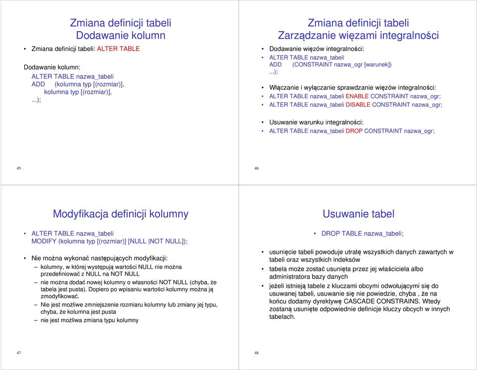 ..); Włączanie i wyłączanie sprawdzanie więzów integralności: ALTER TABLE nazwa_tabeli ENABLE CONSTRAINT nazwa_ogr; ALTER TABLE nazwa_tabeli DISABLE CONSTRAINT nazwa_ogr; Usuwanie warunku