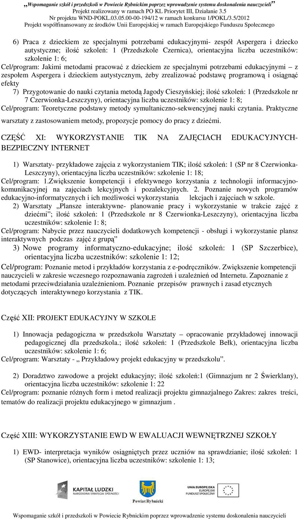 Przygotowanie do nauki czytania metodą Jagody Cieszyńskiej; ilość szkoleń: 1 (Przedszkole nr 7 Czerwionka-Leszczyny), orientacyjna liczba uczestników: szkolenie 1: 8; Cel/program: Teoretyczne