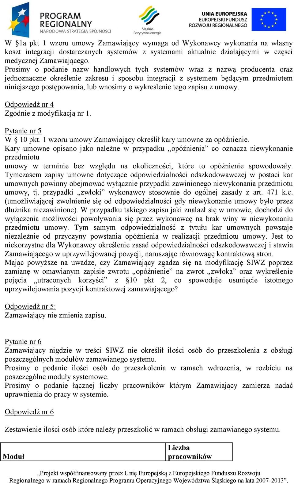 o wykreślenie tego zapisu z umowy. Odpowiedź nr 4 Zgodnie z modyfikacją nr 1. Pytanie nr 5 W 10 pkt. 1 wzoru umowy Zamawiający określił kary umowne za opóźnienie.