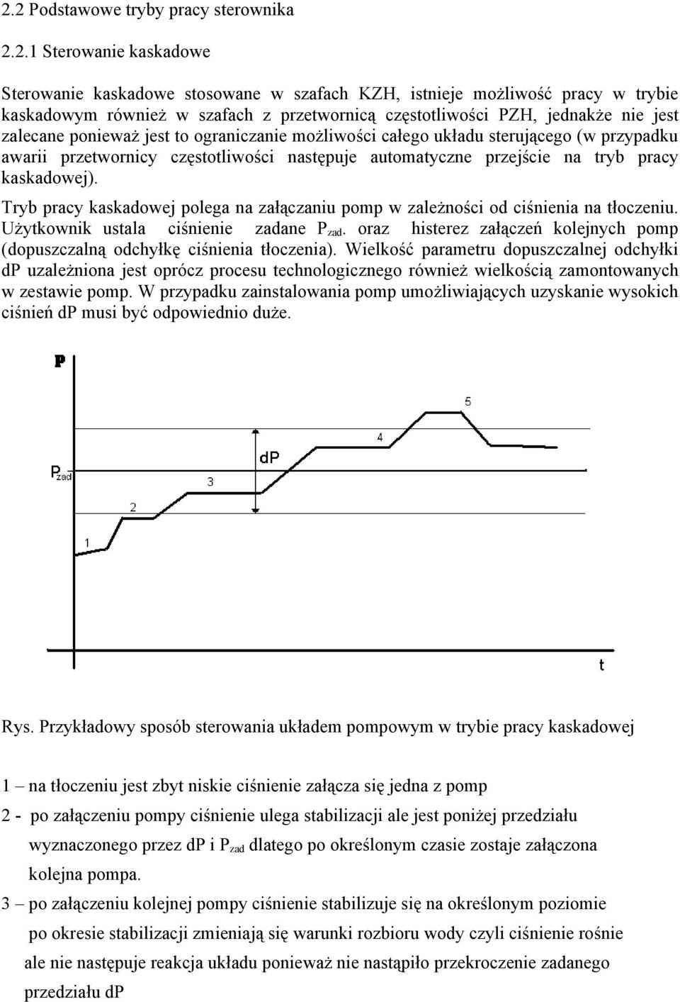 tryb pracy kaskadowej). Tryb pracy kaskadowej polega na załączaniu pomp w zależności od ciśnienia na tłoczeniu. Użytkownik ustala ciśnienie zadane P zad.