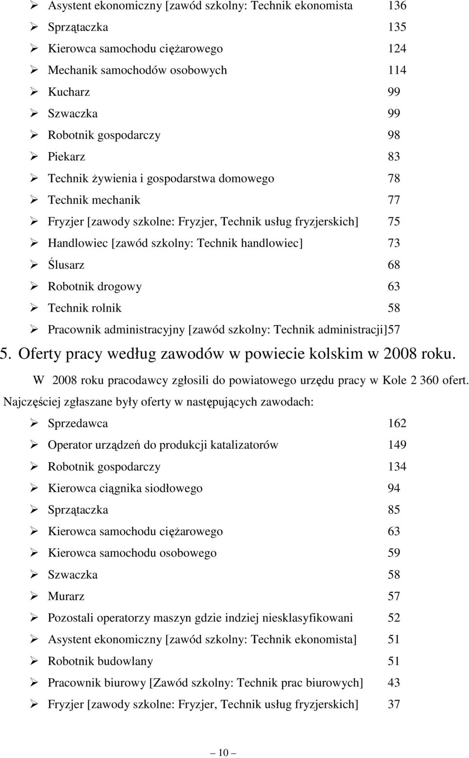 Robotnik drogowy 63 Technik rolnik 58 Pracownik administracyjny [zawód szkolny: Technik administracji] 57 5. Oferty pracy według zawodów w powiecie kolskim w 2008 roku.