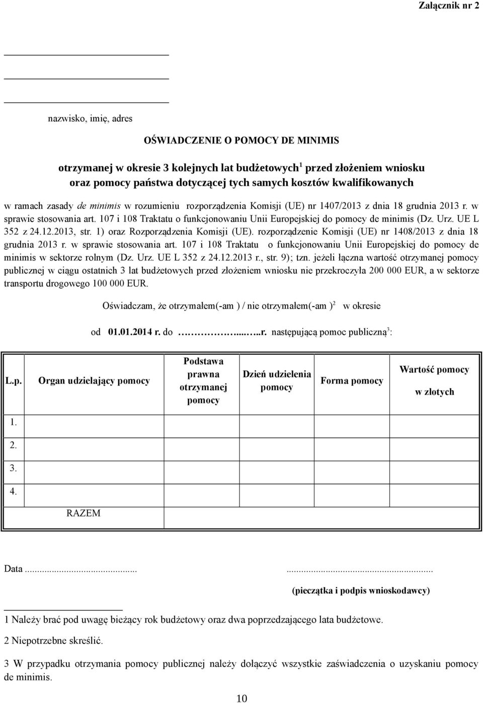 107 i 108 Traktatu o funkcjonowaniu Unii Europejskiej do pomocy de minimis (Dz. Urz. UE L 352 z 24.12.2013, str. 1) oraz Rozporządzenia Komisji (UE).