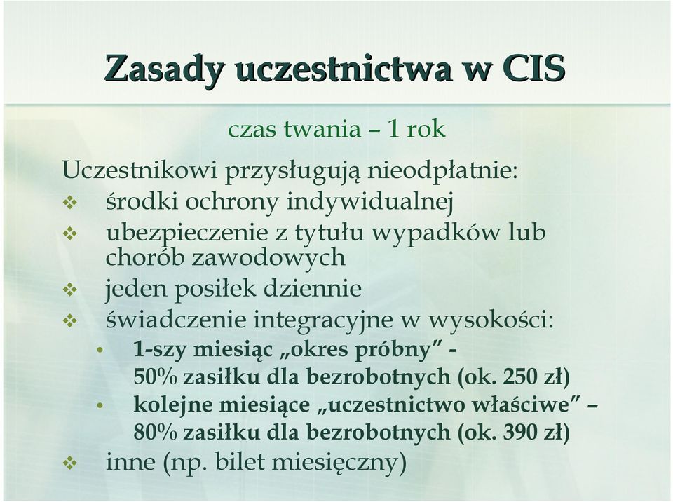 świadczenie integracyjne w wysokości: 1-szy miesiąc okres próbny - 50% zasiłku dla bezrobotnych (ok.