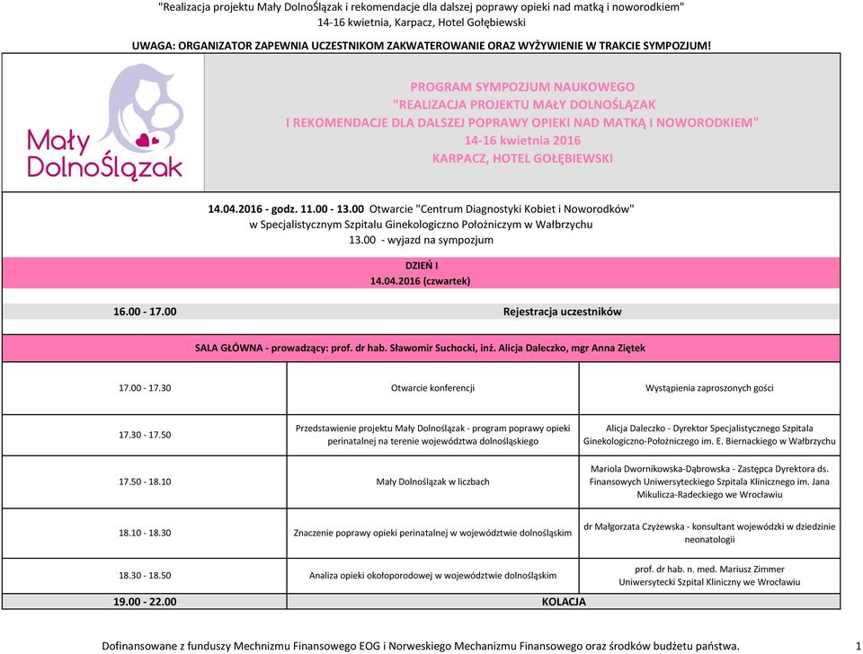 11.00-13.00 Otwarcie "Centrum Diagnostyki Kobiet i Noworodków" w Specjalistycznym Szpitalu Ginekologiczno Położniczym w Wałbrzychu 13.00 - wyjazd na sympozjum DZIEŃ I 14.04.2016 (czwartek) 16.00-17.