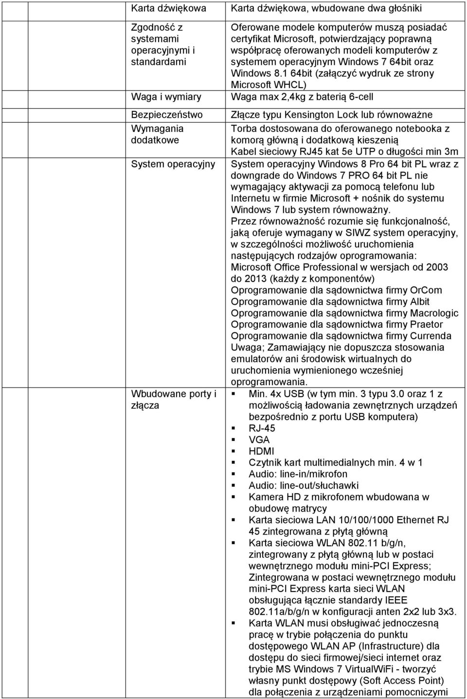 1 64bit (załączyć wydruk ze strony Microsoft WHCL) Waga max 2,4kg z baterią 6-cell Złącze typu Kensington Lock lub równoważne Torba dostosowana do oferowanego notebooka z komorą główną i dodatkową