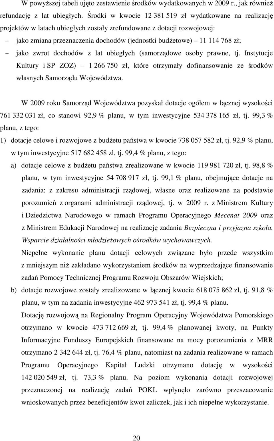 jako zwrot dochodów z lat ubiegłych (samorządowe osoby prawne, tj. Instytucje Kultury i SP ZOZ) 1 266 750 zł, które otrzymały dofinansowanie ze środków własnych Samorządu Województwa.