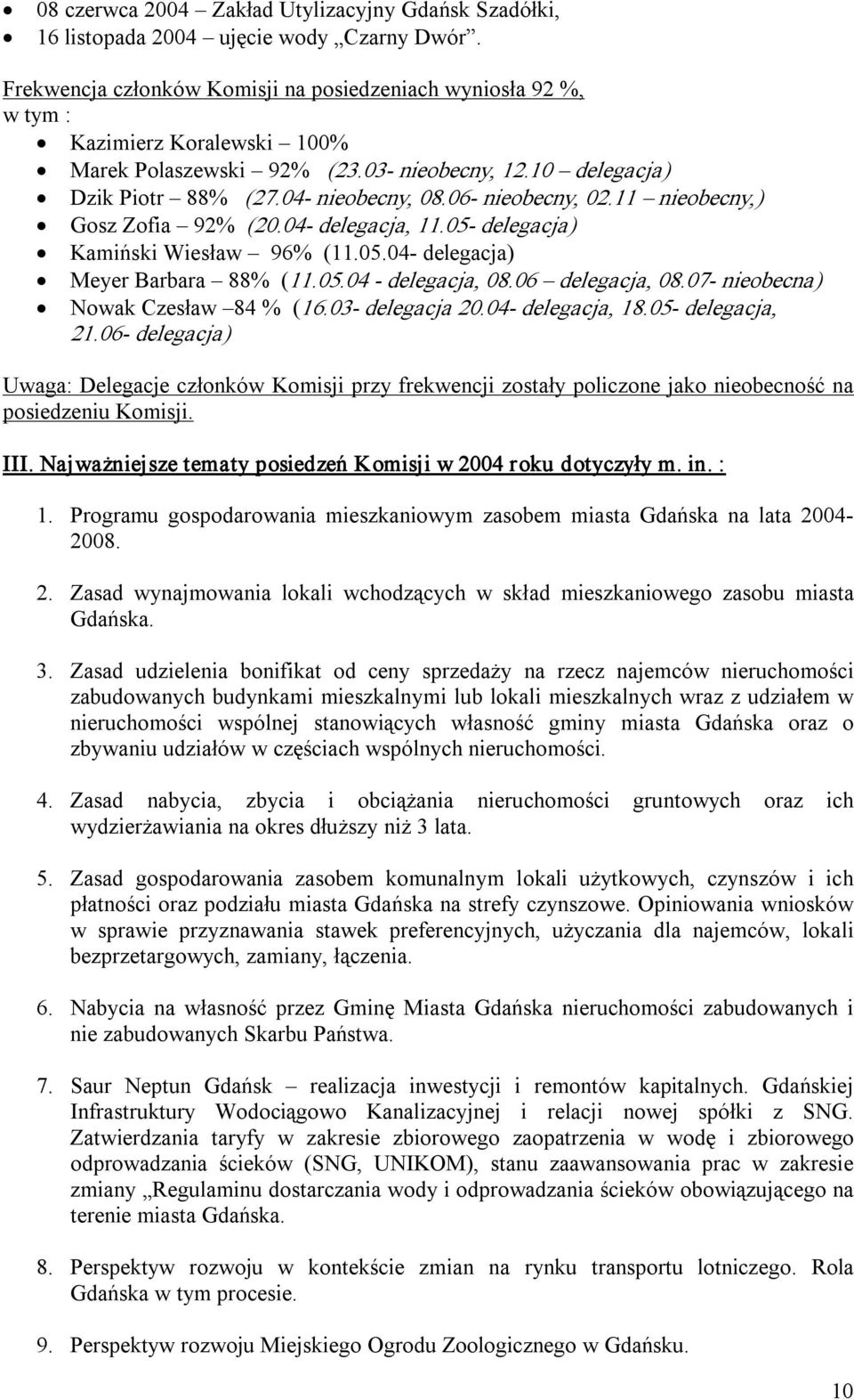 06 nieobecny, 02.11 nieobecny,) Gosz Zofia 92% (20.04 delegacja, 11.05 delegacja) Kamiński Wiesław 96% (11.05.04 delegacja) Meyer Barbara 88% (11.05.04 delegacja, 08.06 delegacja, 08.