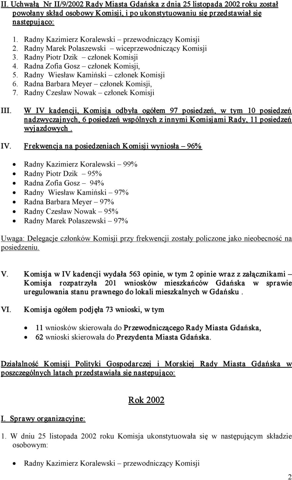 Radny Wiesław Kamiński członek Komisji 6. Radna Barbara Meyer członek Komisji, 7. Radny Czesław Nowak członek Komisji III.