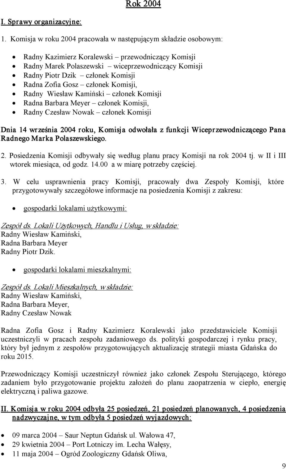Radna Zofia Gosz członek Komisji, Radny Wiesław Kamiński członek Komisji Radna Barbara Meyer członek Komisji, Radny Czesław Nowak członek Komisji Dnia 14 września 2004 roku, Komisja odwołała z