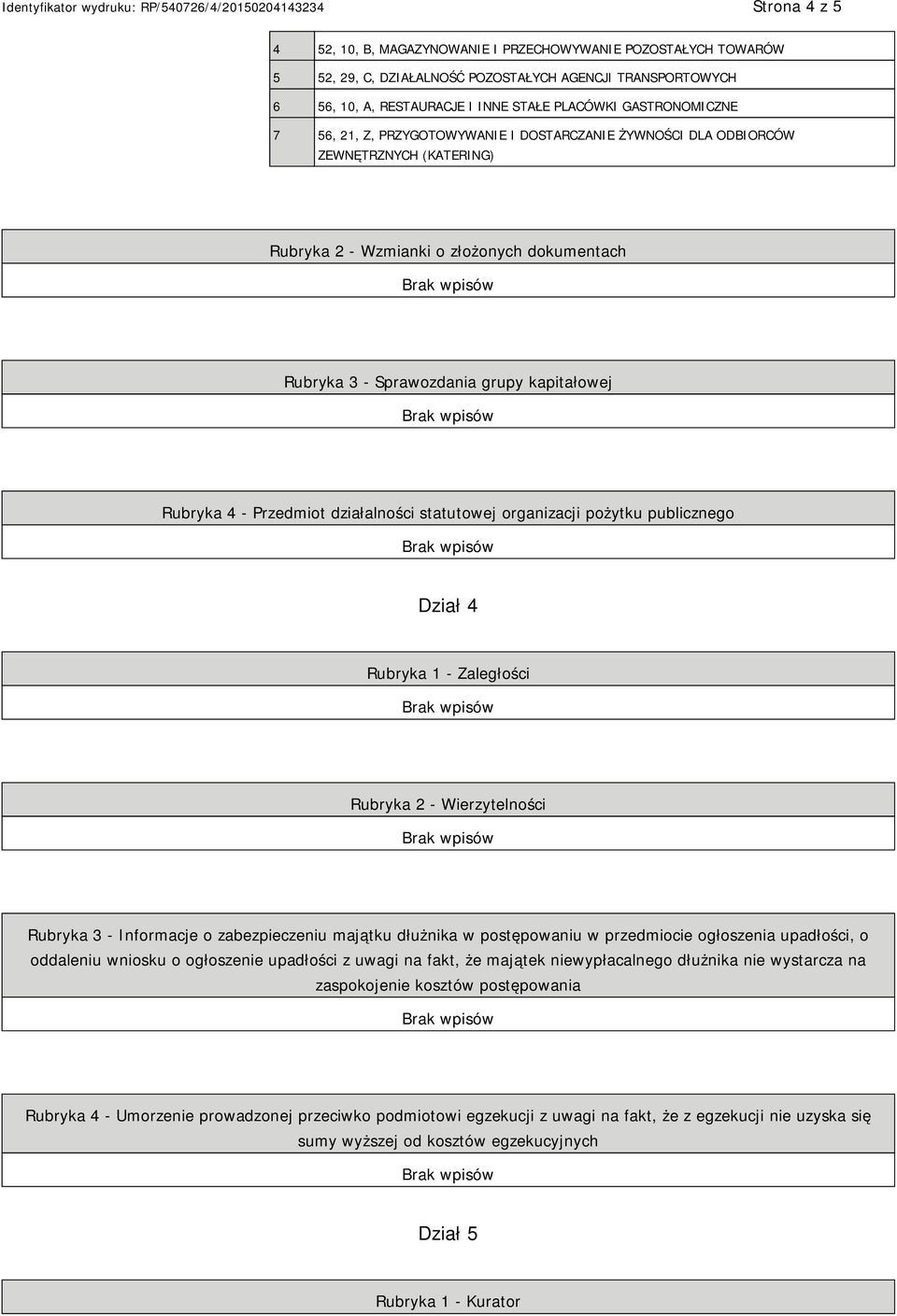 działalności statutowej organizacji pożytku publicznego Dział 4 Rubryka 1 - Zaległości Rubryka 2 - Wierzytelności Rubryka 3 - Informacje o zabezpieczeniu majątku dłużnika w postępowaniu w przedmiocie