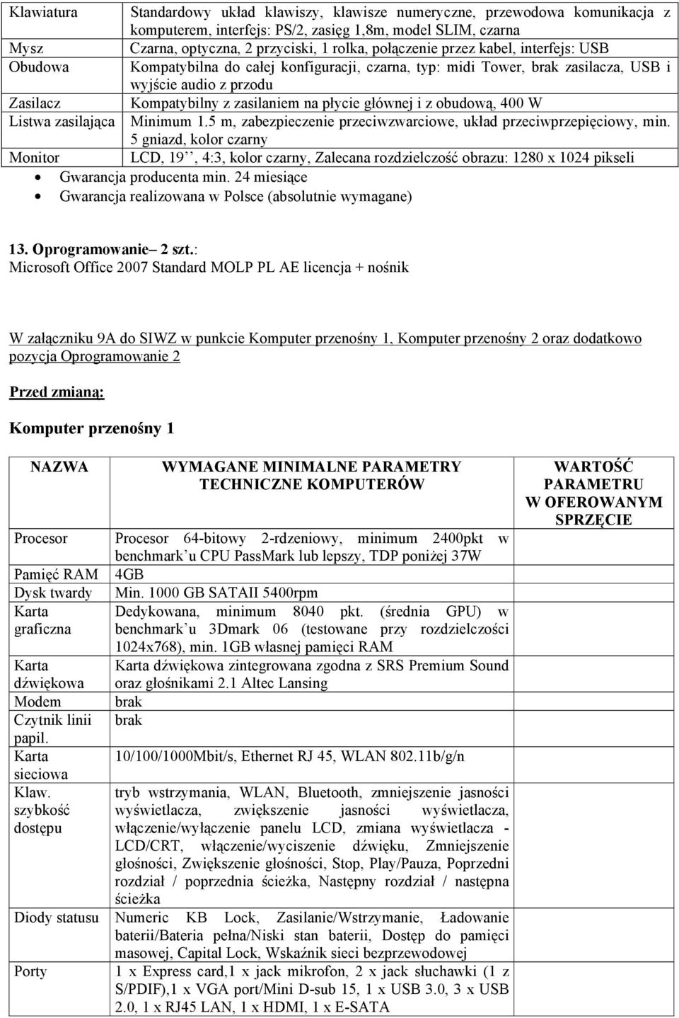 głównej i z obudową, 400 W Listwa zasilająca Minimum 1.5 m, zabezpieczenie przeciwzwarciowe, układ przeciwprzepięciowy, min.