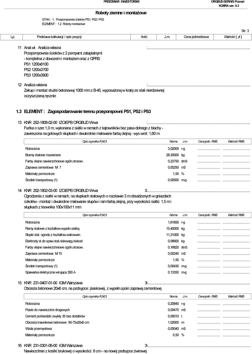 montaż studni betonowwj 1000 mm z B-45, wyposażoną w kratę ze stali nierdzewnej oczyszczaną ręcznie Str: 3 1.