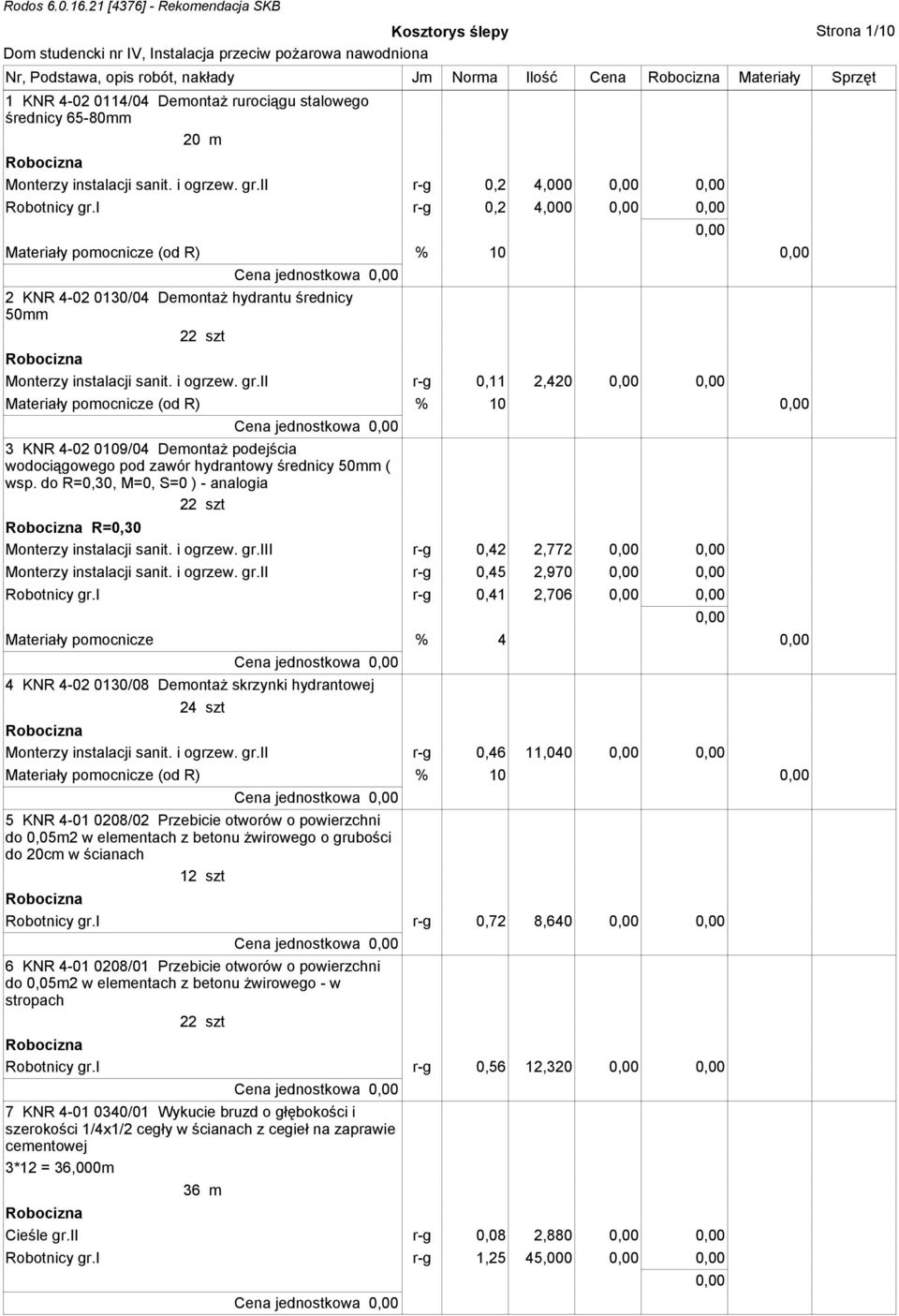 do R=0,30, M=0, S=0 ) - analogia 22 szt R=0,30 Monterzy instalacji sanit. i ogrzew. gr.iii r-g 0,42 2,772 Monterzy instalacji sanit. i ogrzew. gr.ii r-g 0,45 2,970 Robotnicy gr.