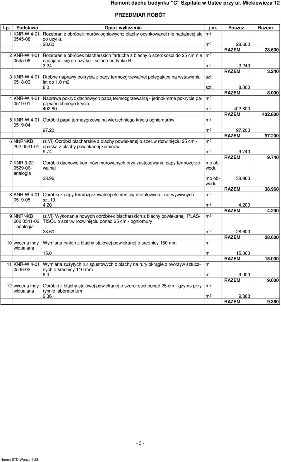 240 3 KNR-W 4-01 Drobne naprawy pokrycia z papy termozgrzewalnej polegające na wstawieniu szt. 0518-03 łat do 1.0 m2 8.0 szt. 8.000 8.