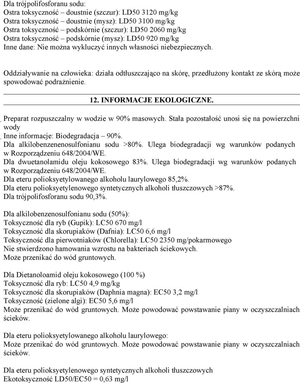 Preparat rozpuszczalny w wodzie w 90% masowych. Stała pozostałość unosi się na powierzchni wody Inne informacje: Biodegradacja 90%. Dla alkilobenzenenosulfonianu sodu >80%.