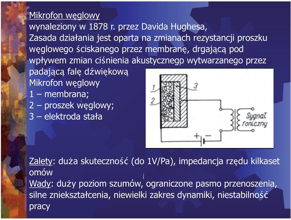 pod wp ywem zmian ci nienia akustycznego wytwarzanego przez padaj c fal d wi kow Mikrofon w glowy 1 membrana; 2 proszek w
