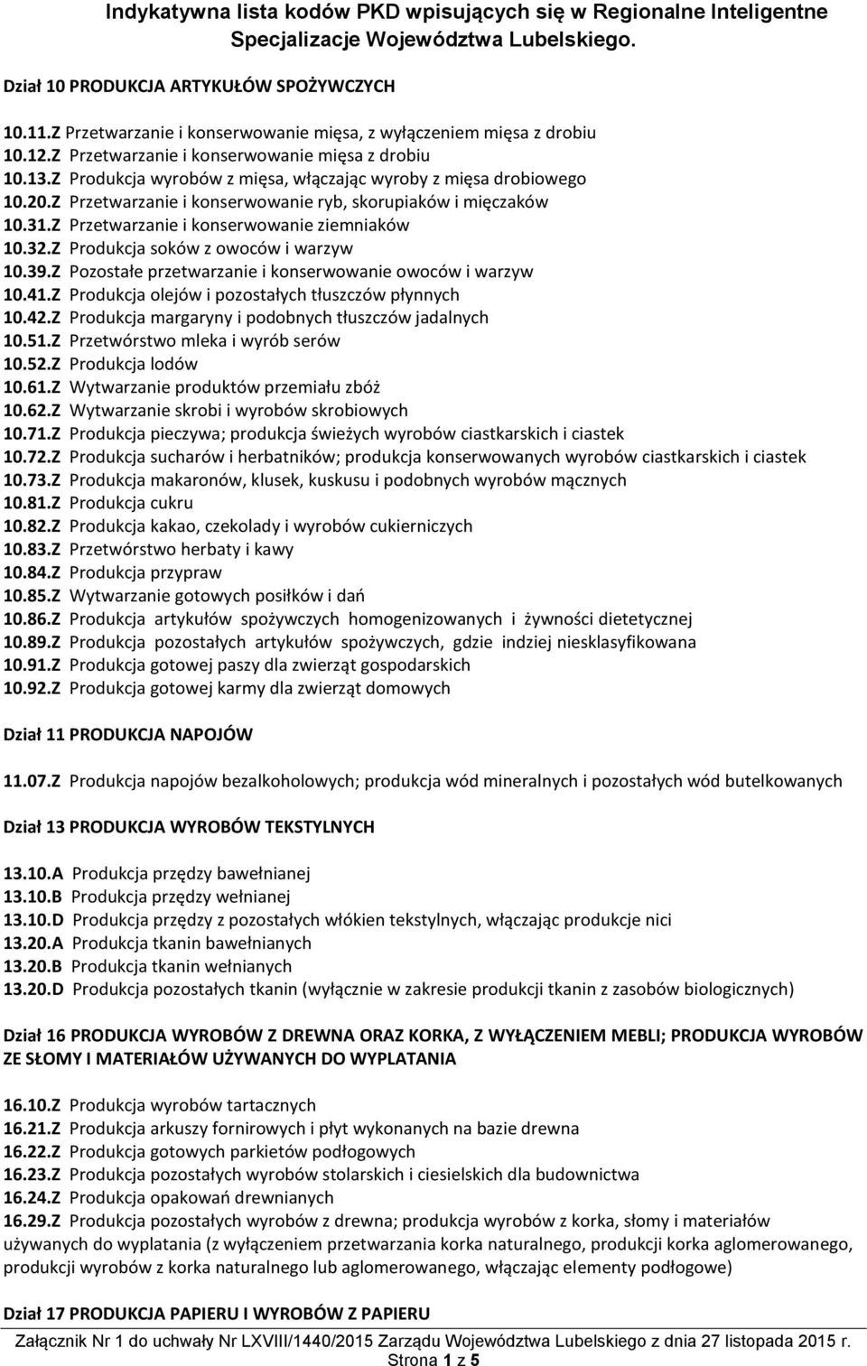 Z Przetwarzanie i konserwowanie ryb, skorupiaków i mięczaków 10.31.Z Przetwarzanie i konserwowanie ziemniaków 10.32.Z Produkcja soków z owoców i warzyw 10.39.
