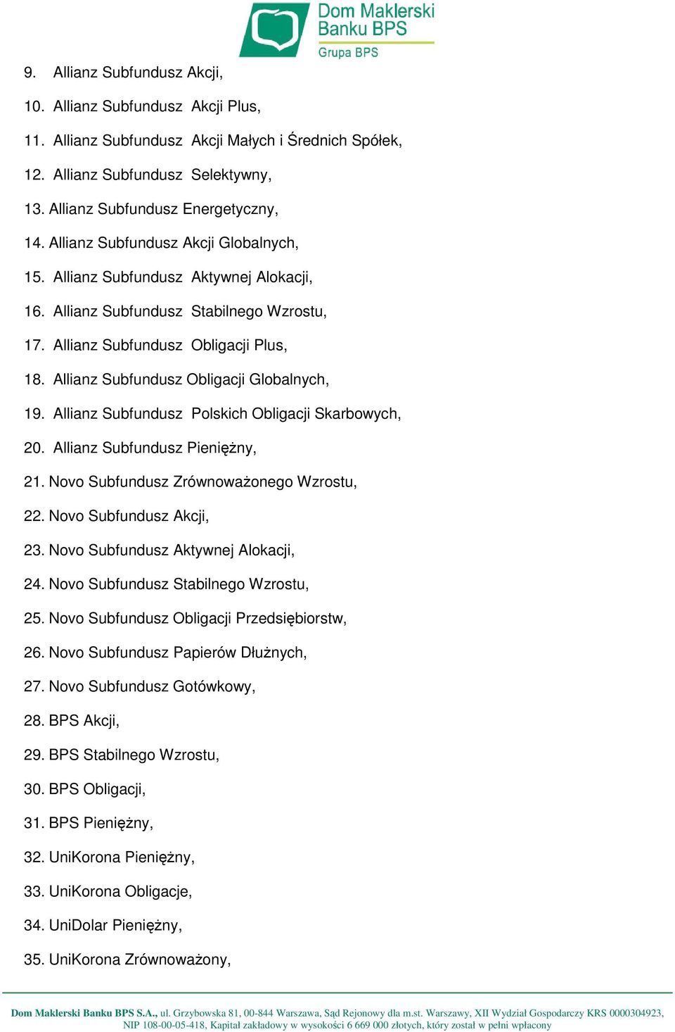 Allianz Subfundusz Obligacji Globalnych, 19. Allianz Subfundusz Polskich Obligacji Skarbowych, 20. Allianz Subfundusz PienięŜny, 21. Novo Subfundusz ZrównowaŜonego Wzrostu, 22.