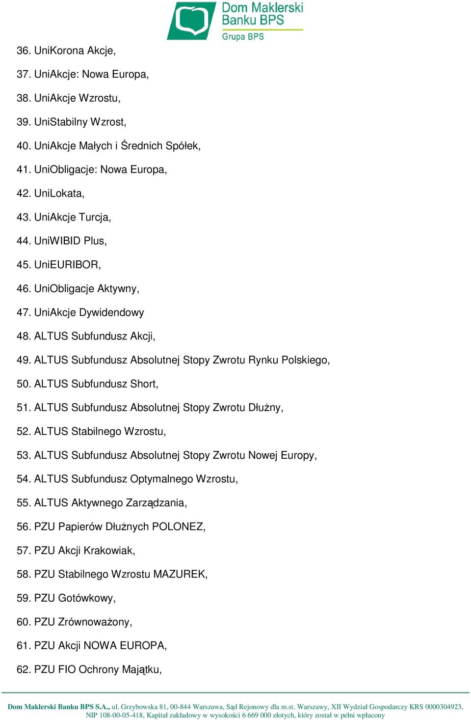 ALTUS Subfundusz Short, 51. ALTUS Subfundusz Absolutnej Stopy Zwrotu DłuŜny, 52. ALTUS Stabilnego Wzrostu, 53. ALTUS Subfundusz Absolutnej Stopy Zwrotu Nowej Europy, 54.