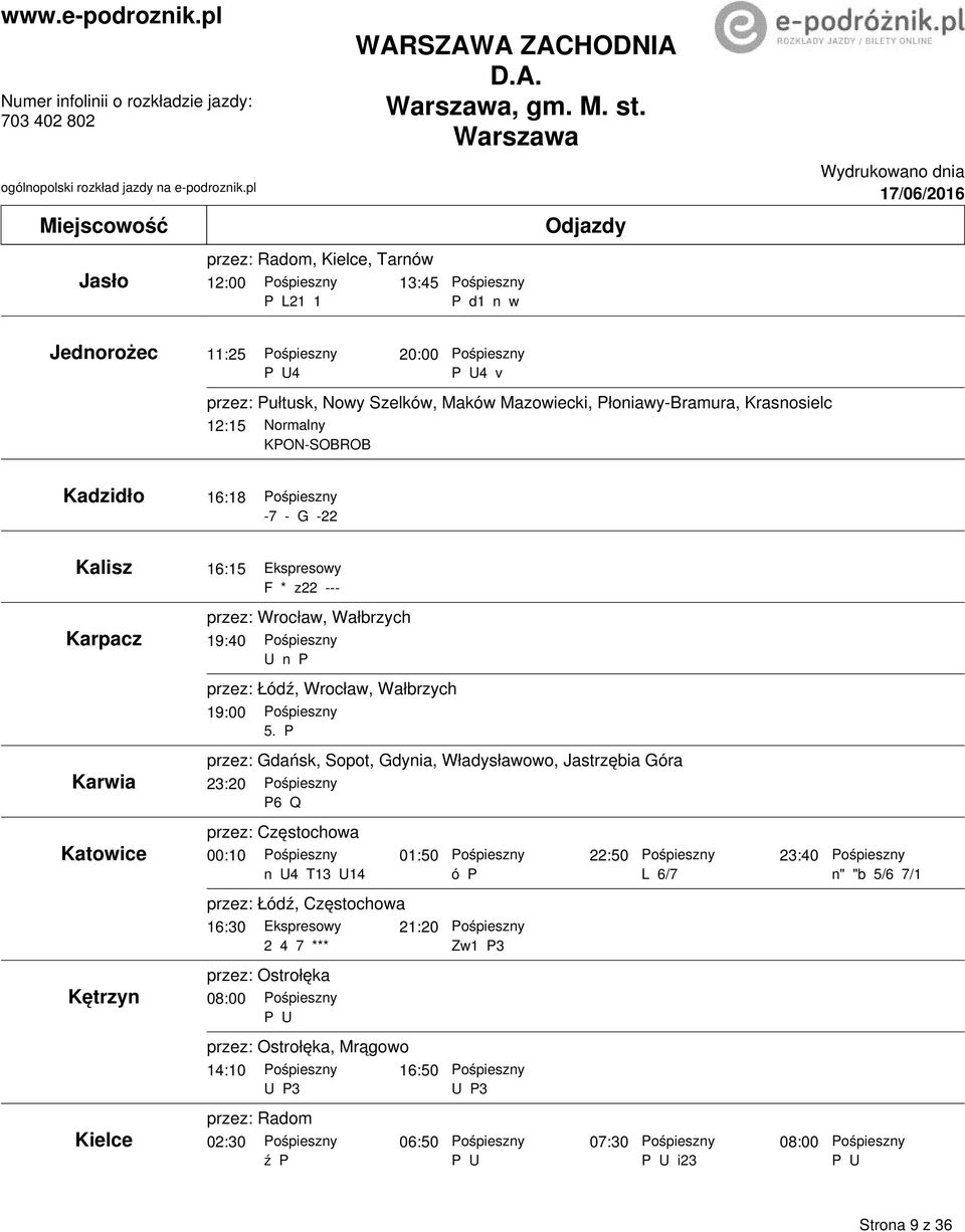 Karwia Katowice Kętrzyn Kielce 16:15 Ekspresowy F * z22 --- przez: Wrocław, Wałrzych 19:40 n P przez: Łódź, Wrocław, Wałrzych 19:00 5.