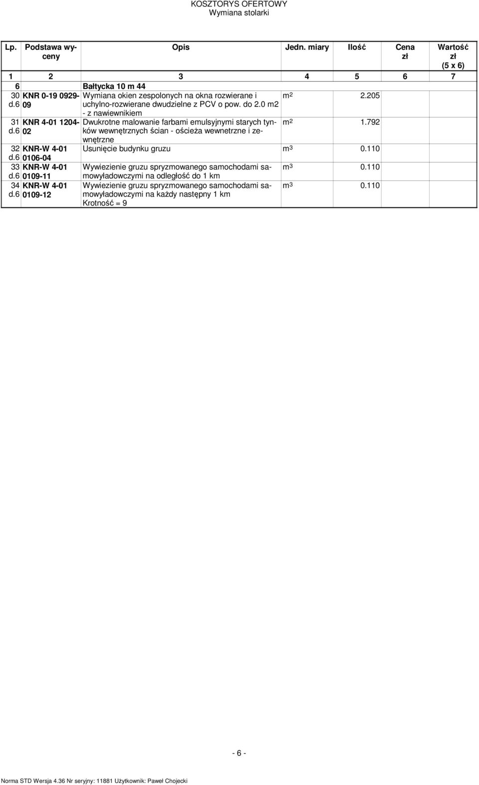 6 02 wewnętrznych ścian - ościeża wewnetrzne i ze- wnętrzne 32 KNR-W 4-01 Usunięcie budynku