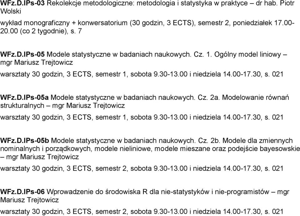 00 i niedziela 14.00-17.30, s. 021 WFz.D.IPs-05a Modele statystyczne w badaniach naukowych. Cz. 2a.