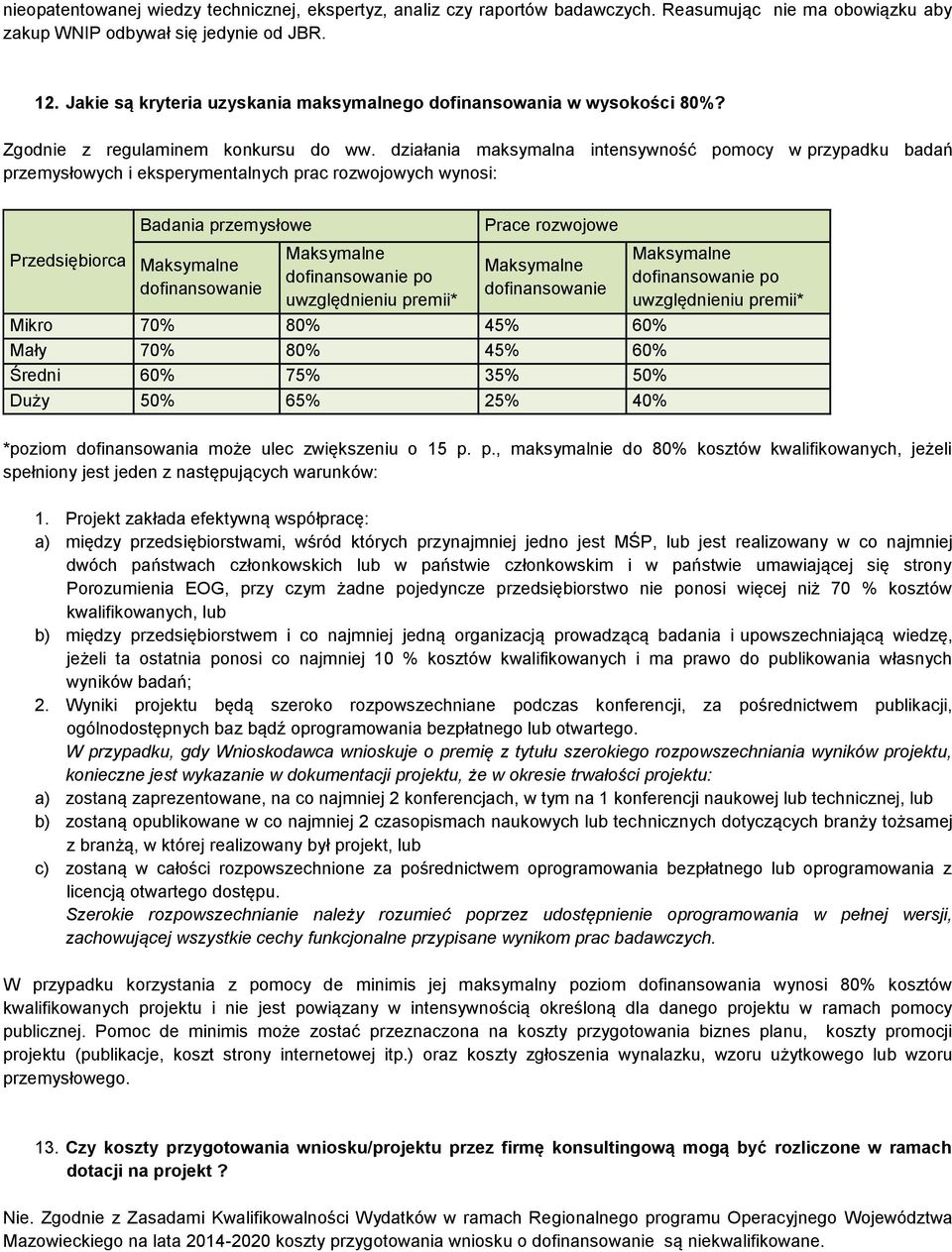 działania maksymalna intensywność pomocy w przypadku badań przemysłowych i eksperymentalnych prac rozwojowych wynosi: Przedsiębiorca Badania przemysłowe dofinansowanie dofinansowanie po uwzględnieniu