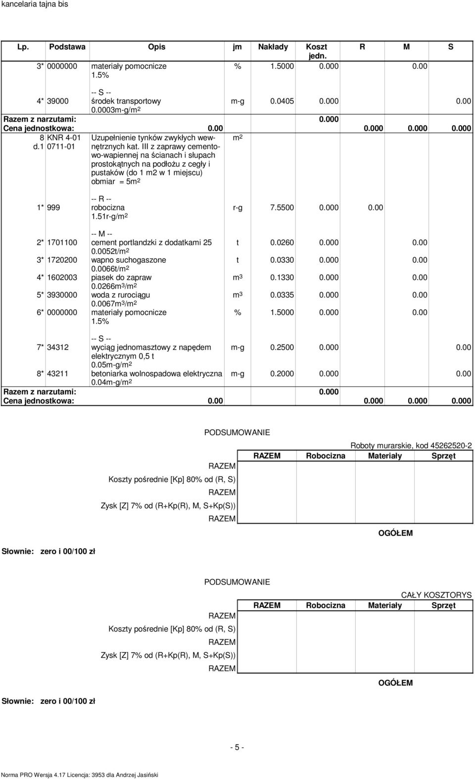 000 0.00 m 3 0.1330 0.000 0.00 m 3 0.0335 0.000 0.00 2* 1701100 cement portlandzki z dodatkami 25 0.0052t/ 3* 1720200 wapno suchogaszone 0.0066t/ 4* 1602003 piasek do zapraw 0.