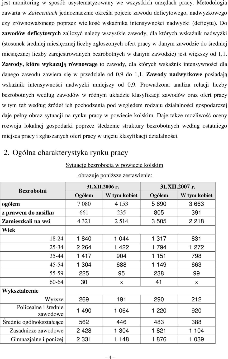 Do zawodów deficytowych zaliczyć naleŝy wszystkie zawody, dla których wskaźnik nadwyŝki (stosunek średniej miesięcznej liczby zgłoszonych ofert pracy w danym zawodzie do średniej miesięcznej liczby