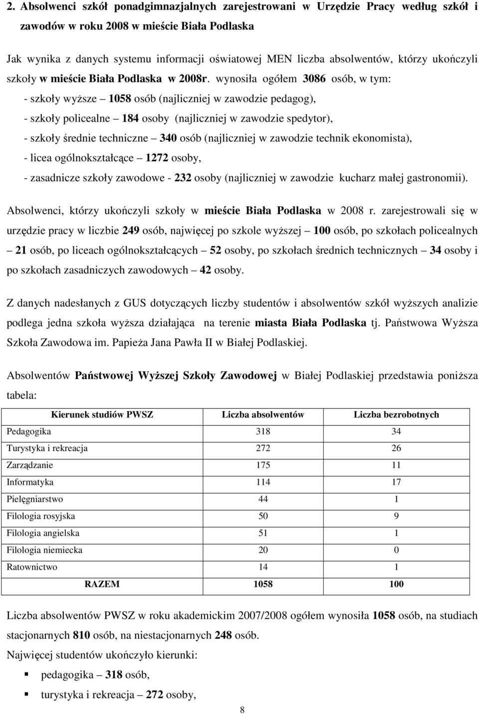 wynosiła ogółem 86 osób, w tym: - szkoły wyŝsze 58 osób (najliczniej w zawodzie pedagog), - szkoły policealne 8 osoby (najliczniej w zawodzie spedytor), - szkoły średnie techniczne osób (najliczniej