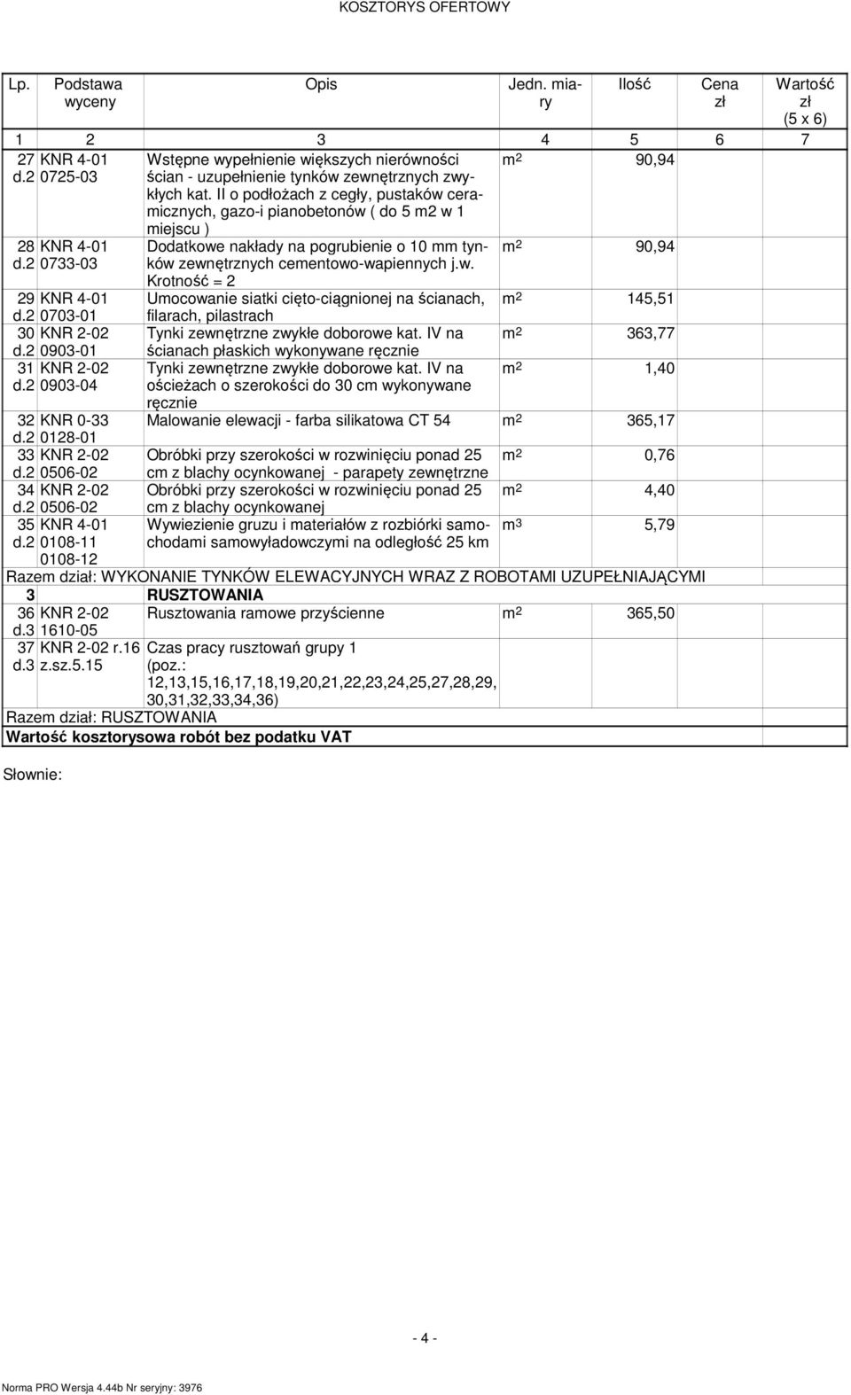 II o podłożach z cegły, pustaków ceramicznych, gazo-i pianobetonów ( do 5 m2 w 1 90,94 28 KNR 4-01 d.2 0733-03 29 KNR 4-01 d.2 0703-01 30 KNR 2-02 d.2 0903-01 31 KNR 2-02 d.2 0903-04 32 KNR 0-33 d.