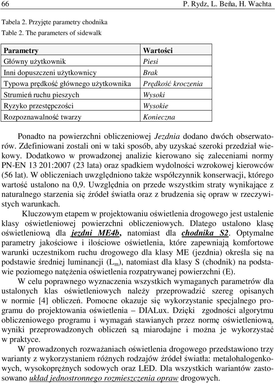 Piesi Brak Prędkość kroczenia Wysoki Wysokie Konieczna Ponadto na powierzchni obliczeniowej Jezdnia dodano dwóch obserwatorów.
