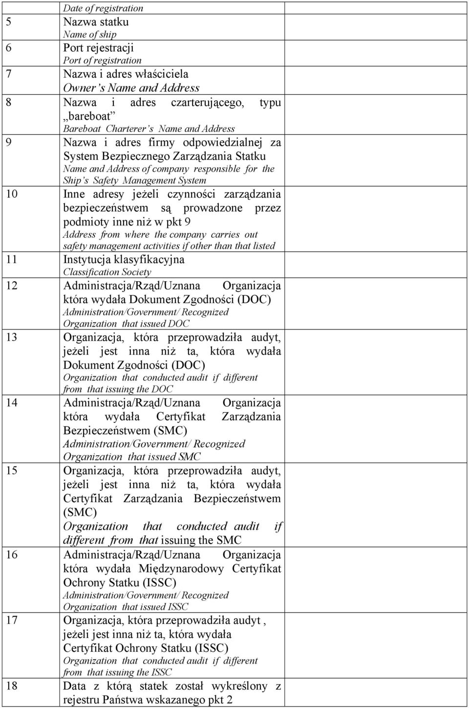 adresy jeżeli czynności zarządzania bezpieczeństwem są prowadzone przez podmioty inne niż w pkt 9 Address from where the company carries out safety management activities if other than that listed 11