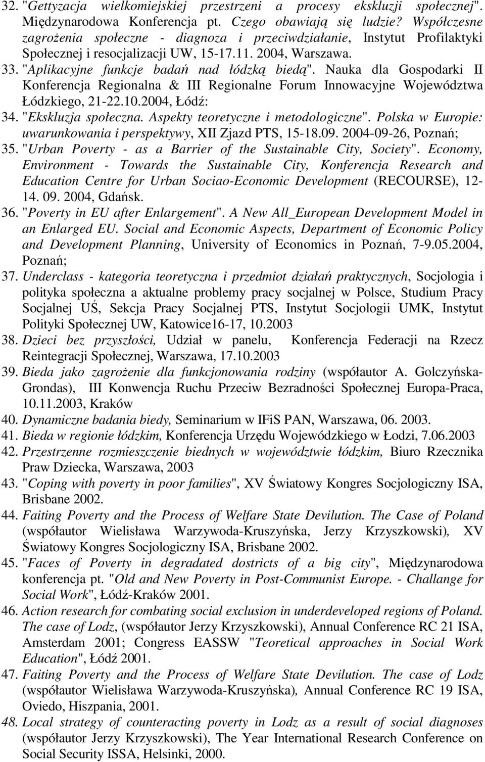 Nauka dla Gospodarki II Konferencja Regionalna & III Regionalne Forum Innowacyjne Województwa Łódzkiego, 21-22.10.2004, Łódź: 34. "Ekskluzja społeczna. Aspekty teoretyczne i metodologiczne".
