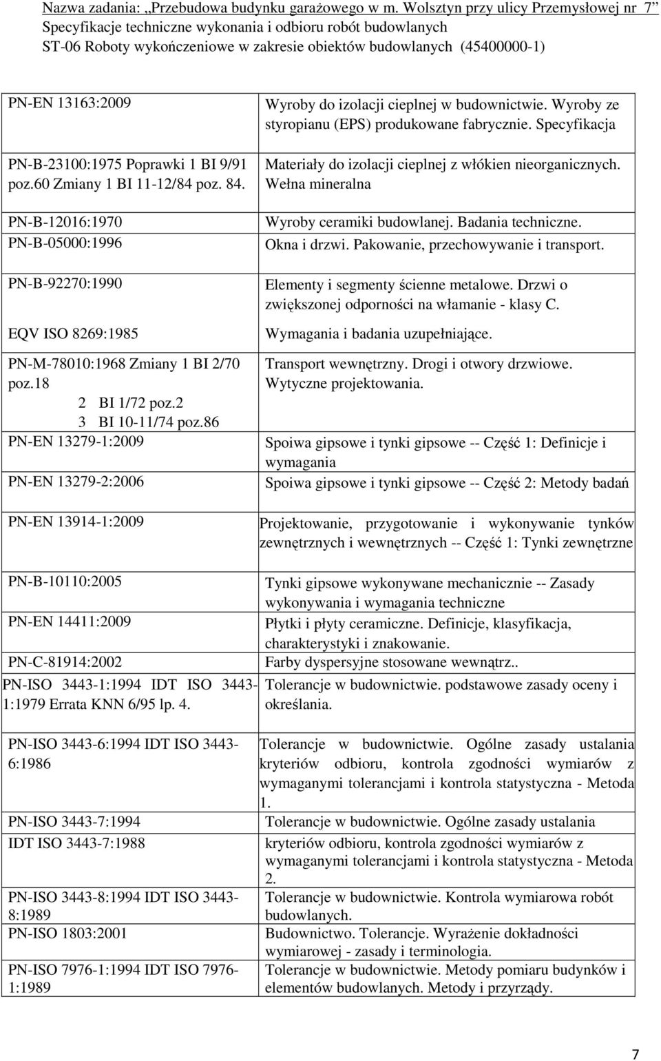Specyfikacja Materiały do izolacji cieplnej z włókien nieorganicznych. Wełna mineralna Wyroby ceramiki budowlanej. Badania techniczne. Okna i drzwi. Pakowanie, przechowywanie i transport.