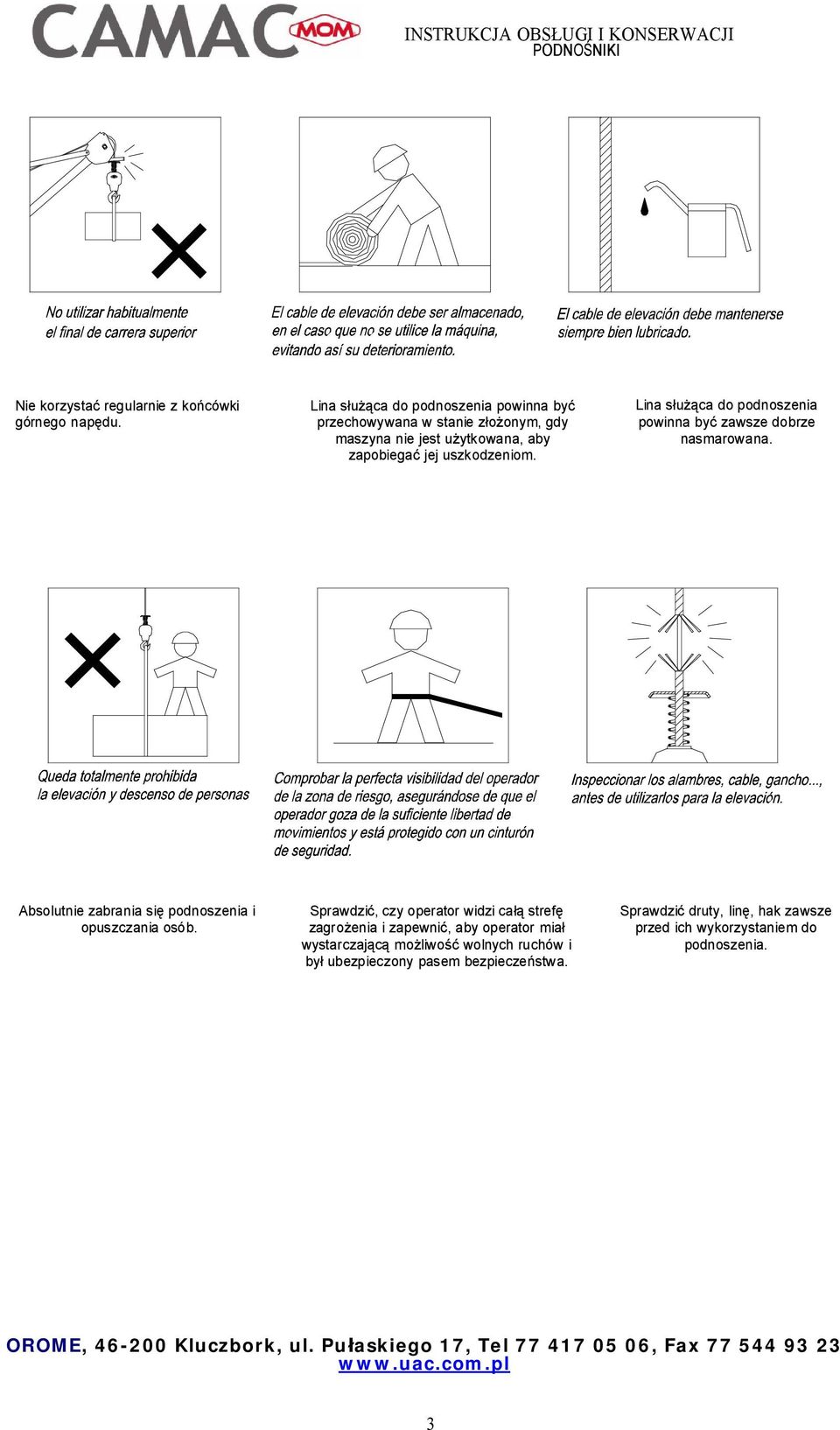 Lina u ca do podnoszenia powinna by zawsze dobrze nasmarowana. Absolutnie zabrania si podnoszenia i opuszczania osób.