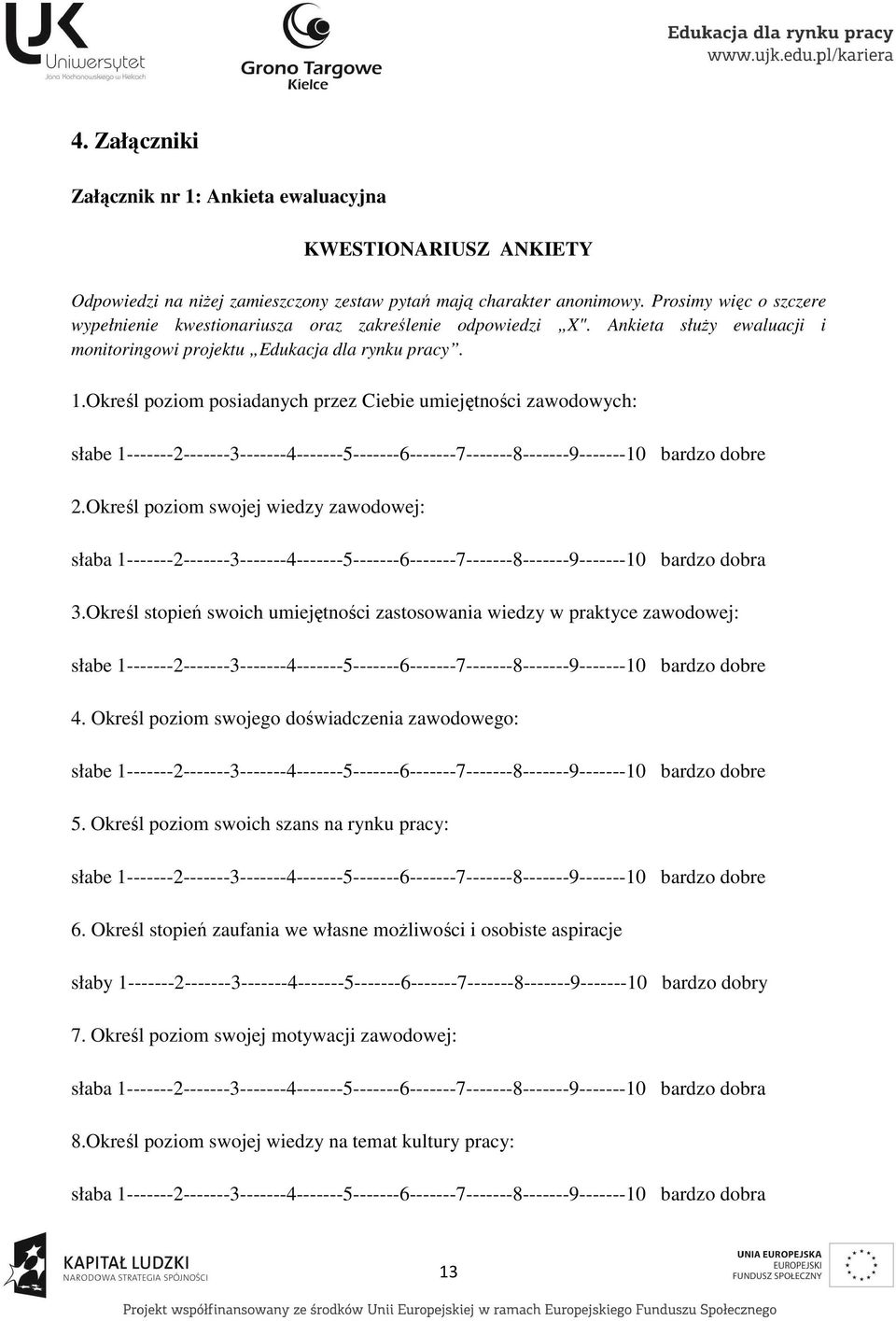 Określ poziom posiadanych przez Ciebie umiejętności zawodowych: słabe 1-------2-------3-------4-------5-------6-------7-------8-------9-------10 bardzo dobre 2.