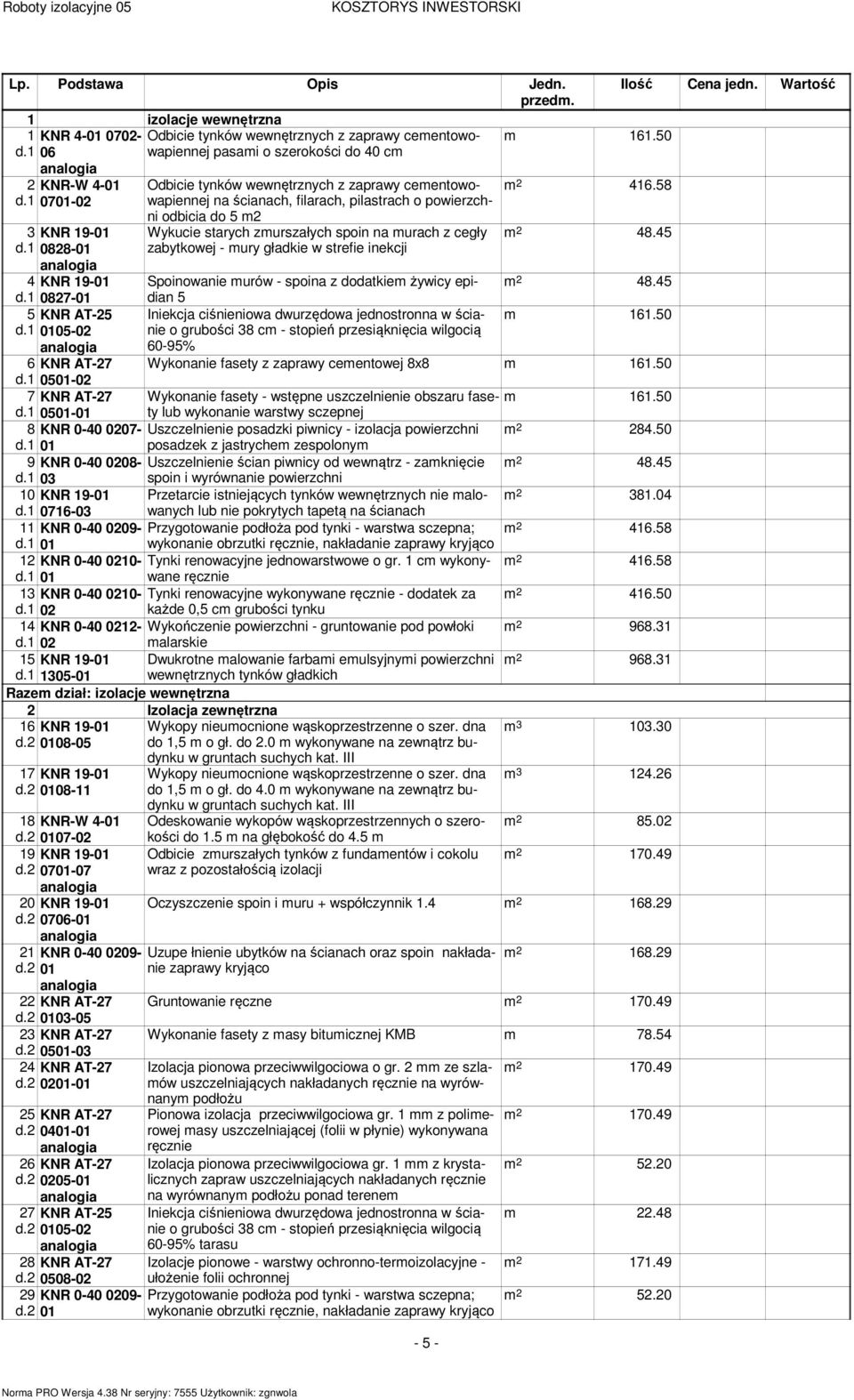 1 0827-01 Odbicie tynków wewnętrznych z zaprawy ceentowowapiennej na ścianach, filarach, pilastrach o powierzchni odbicia do 5 2 Wykucie starych zurszałych spoin na urach z cegły zabytkowej - ury