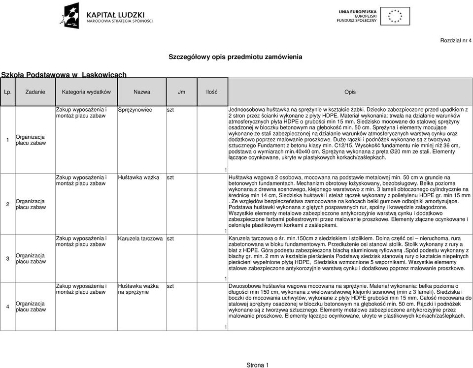 Siedzisko mocowane do stalowej sprężyny osadzonej w bloczku betonowym na głębokość min. 50 cm.