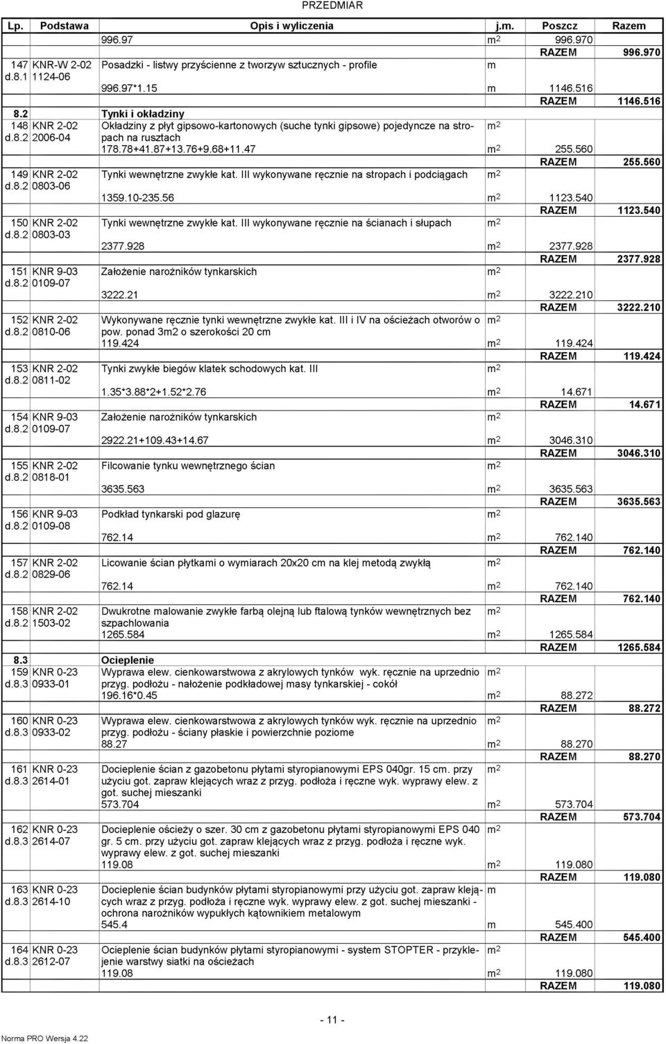 III wykonywane ręcznie na sropach i podciągach 1359.10-235.56 Tynki wewnęrzne zwykłe ka. III wykonywane ręcznie na ścianach i słupach 1146.516 RAZEM 1146.516 255.560 RAZEM 255.560 1123.540 RAZEM 1123.