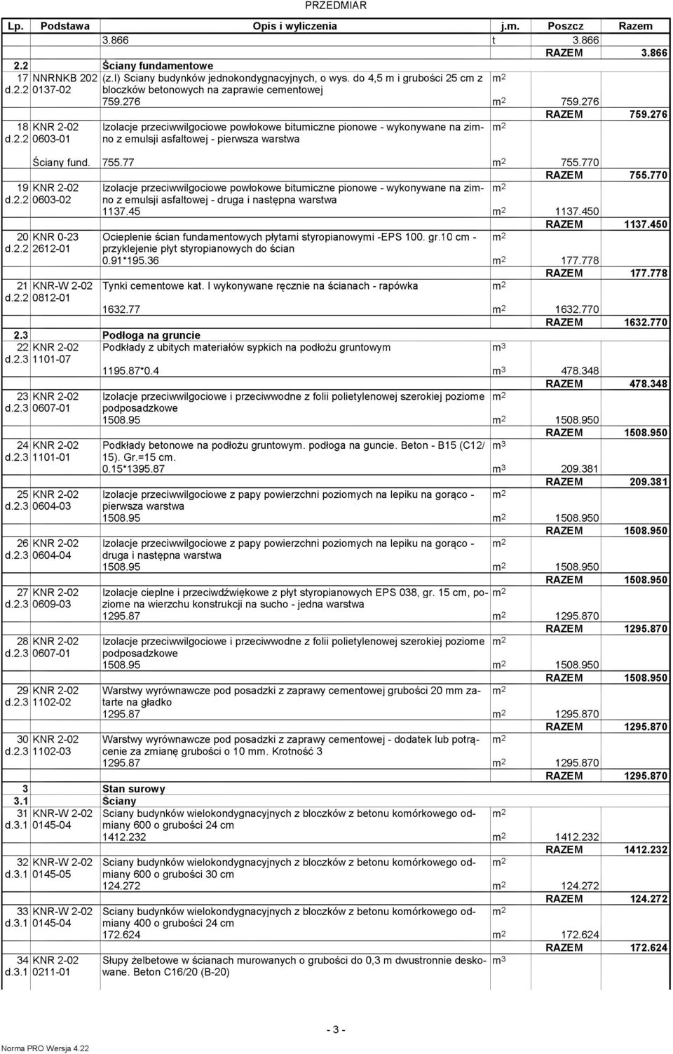 276 Izolacje przeciwwilgociowe powłokowe biuiczne pionowe - wykonywane na zino z eulsji asfalowej - pierwsza warswa 759.276 RAZEM 759.276 Ściany fund. 755.77 755.770 RAZEM 755.