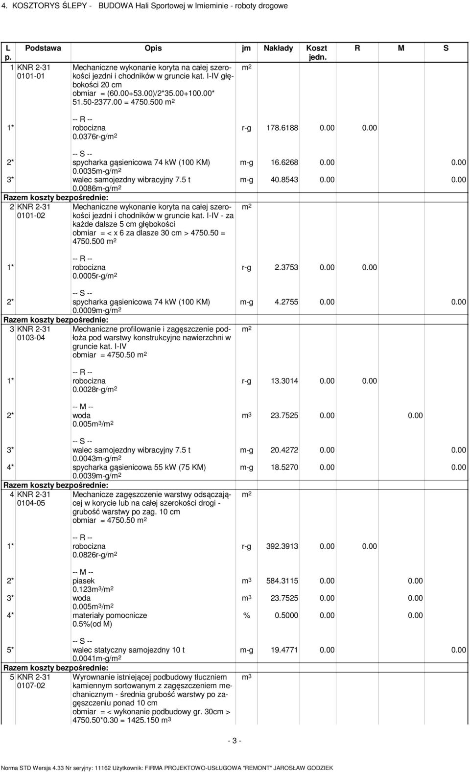 35m-g/ 3* walec samojezdny wibracyjny 7.5 t.86m-g/ 2 KNR 2-31 11-2 Mechaniczne wykonanie koryta na całej szerokości jezdni i chodników w gruncie kat.