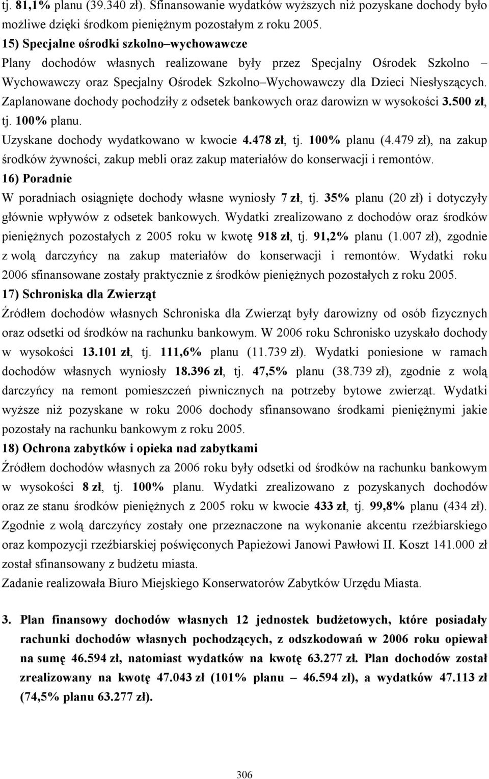 Zaplanowane dochody pochodziły z odsetek bankowych oraz darowizn w wysokości 3.500 zł, tj. 100% planu. Uzyskane dochody wydatkowano w kwocie 4.478 zł, tj. 100% planu (4.