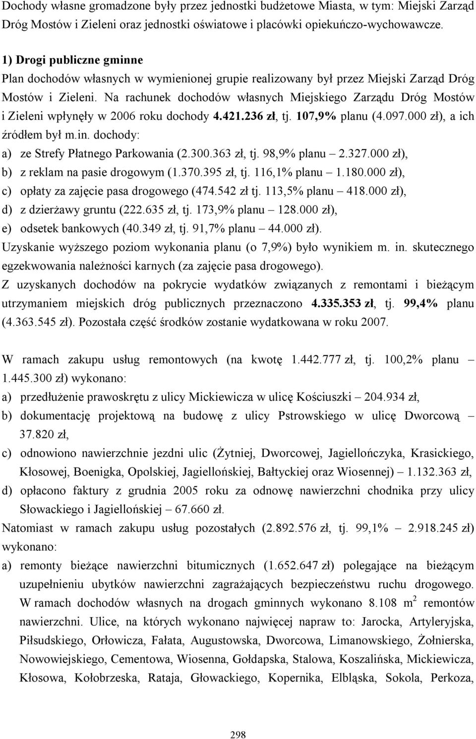 Na rachunek dochodów własnych Miejskiego Zarządu Dróg Mostów i Zieleni wpłynęły w 2006 roku dochody 4.421.236 zł, tj. 107,9% planu (4.097.000 zł), a ich źródłem był m.in.