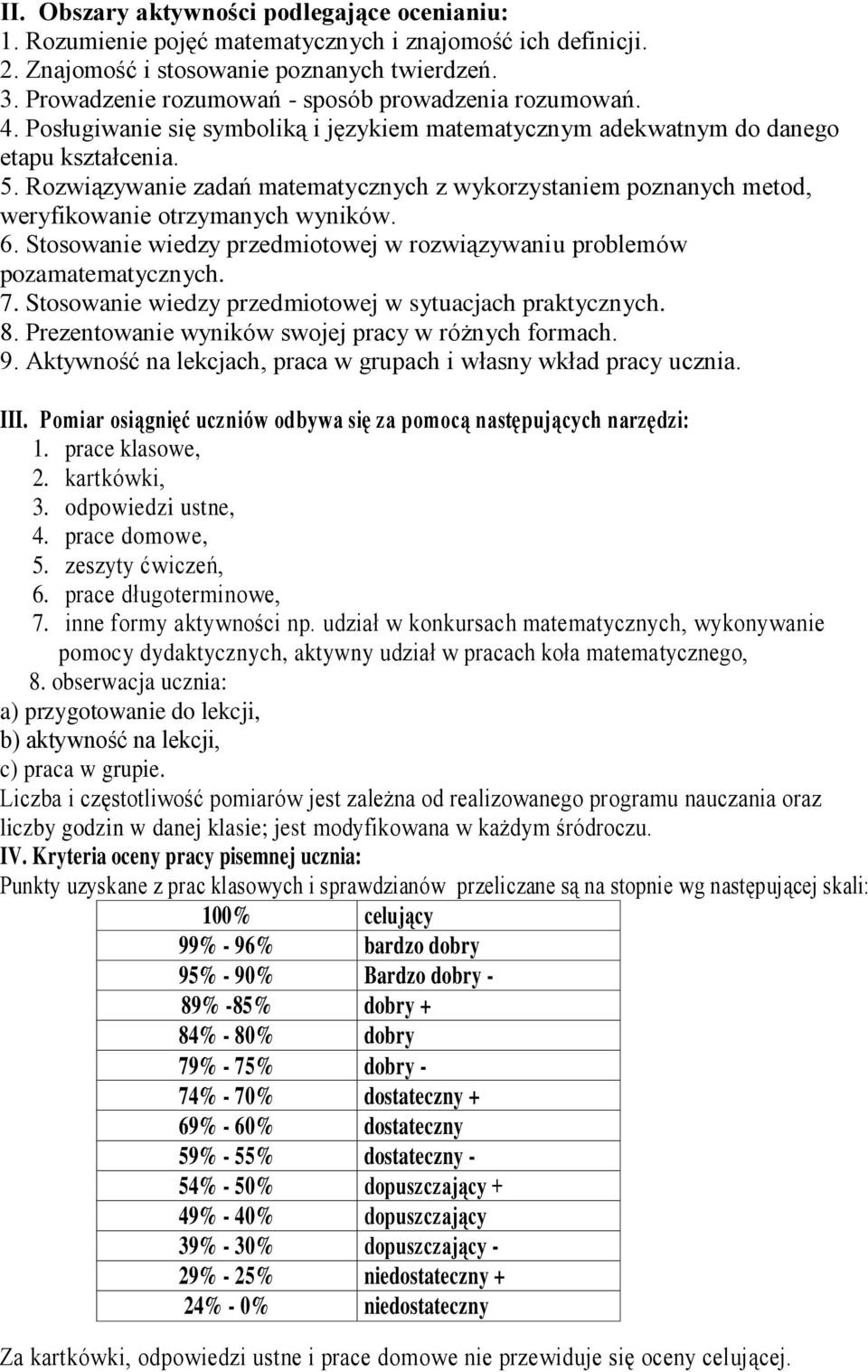 Aktywność na lekcjach, praca w grupach i własny wkład pracy ucznia. III. Pomiar osiągnięć uczniów odbywa się za pomocą następujących narzędzi: 1. prace klasowe, 2. kartkówki, 3. odpowiedzi ustne, 4.