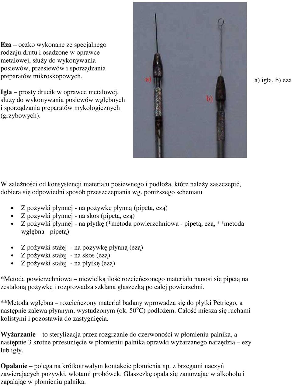a) igła, b) eza W zależności od konsystencji materiału posiewnego i podłoża, które należy zaszczepić, dobiera się odpowiedni sposób przeszczepiania wg.