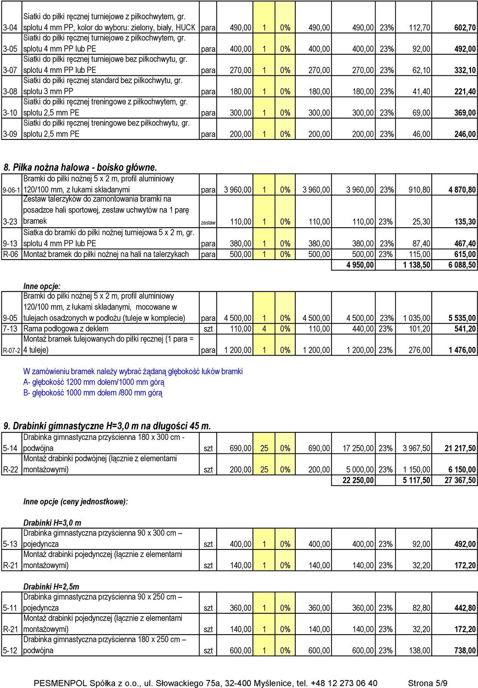 splotu 4 mm PP lub PE para 400,00 1 0% 400,00 400,00 23% 92,00 492,00 3-07 do piłki ręcznej turniejowe bez piłkochwytu, gr.