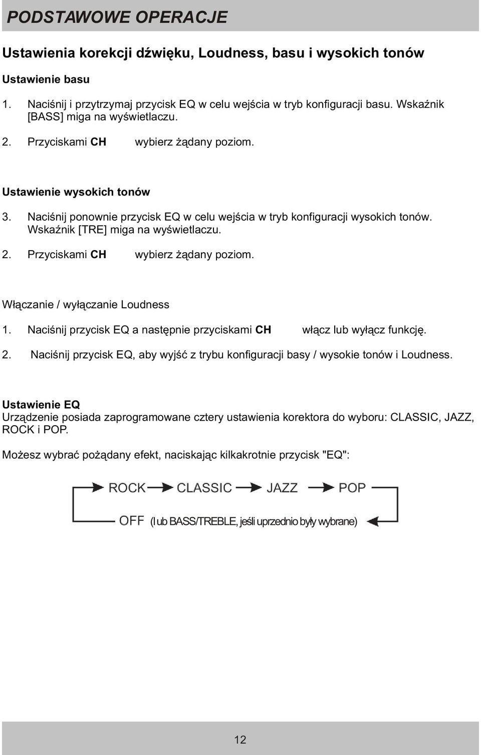 WskaŸnik [TRE] miga na wyœwietlaczu. 2. Przyciskami CH 56 wybierz ¹dany poziom. W³¹czanie / wy³¹czanie Loudness 1. Naciœnij przycisk EQ a nastêpnie przyciskami CH 56 w³¹cz lub wy³¹cz funkcjê. 2. Naciœnij przycisk EQ, aby wyjœæ z trybu konfiguracji basy / wysokie tonów i Loudness.