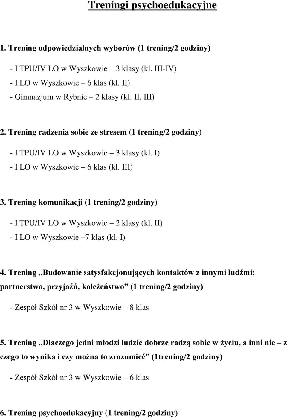 Trening komunikacji (1 trening/2 godziny) - I TPU/IV LO w Wyszkowie 2 klasy (kl. II) - I LO w Wyszkowie 7 klas (kl. I) 4.