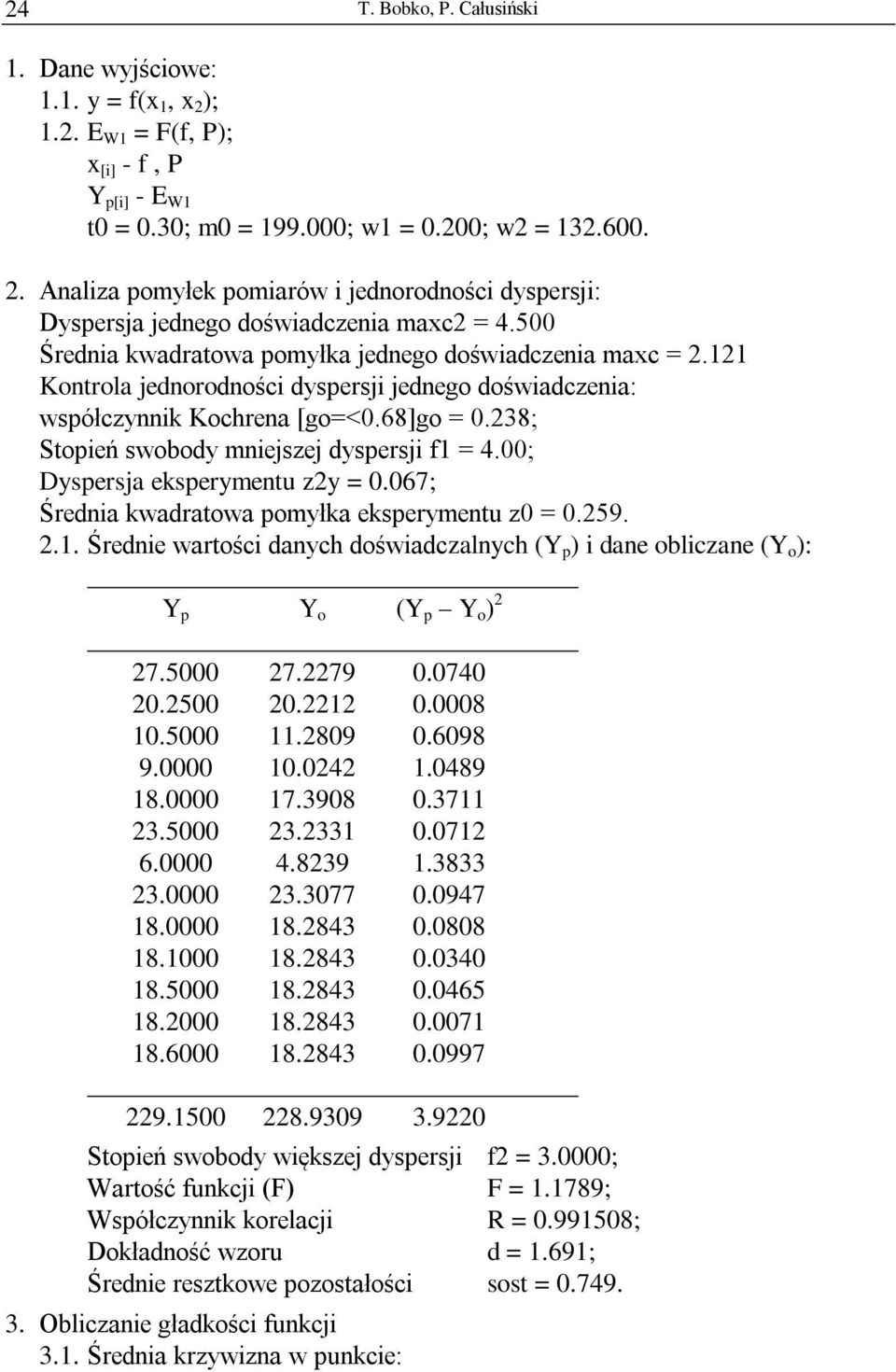 238; Stopień swobody mniejszej dyspersji f1 = 4.00; Dyspersja eksperymentu z2y = 0.067; Średnia kwadratowa pomyłka eksperymentu z0 = 0.259. 2.1. Średnie wartości danych doświadczalnych (Y p ) i dane obliczane (Y o ): Y p Y o (Y p Y o ) 2 27.